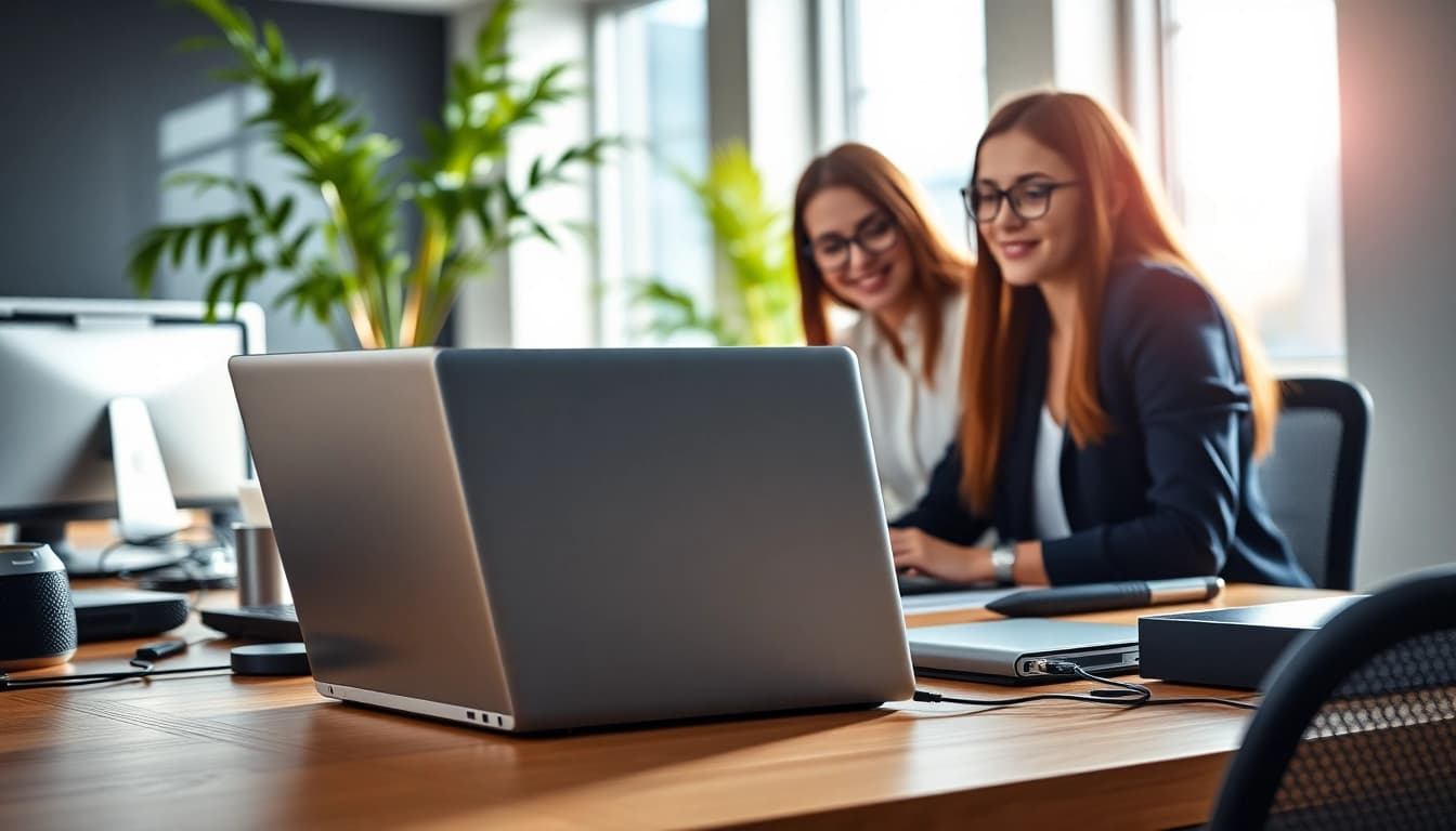 IT Dienstleister collaborating in a modern office with advanced technology.