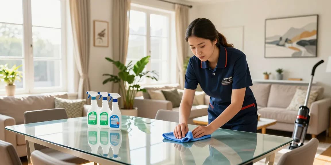 Expert cleaner from a putzinstitute bern ensuring a spotless living room with gleaming surfaces and natural light