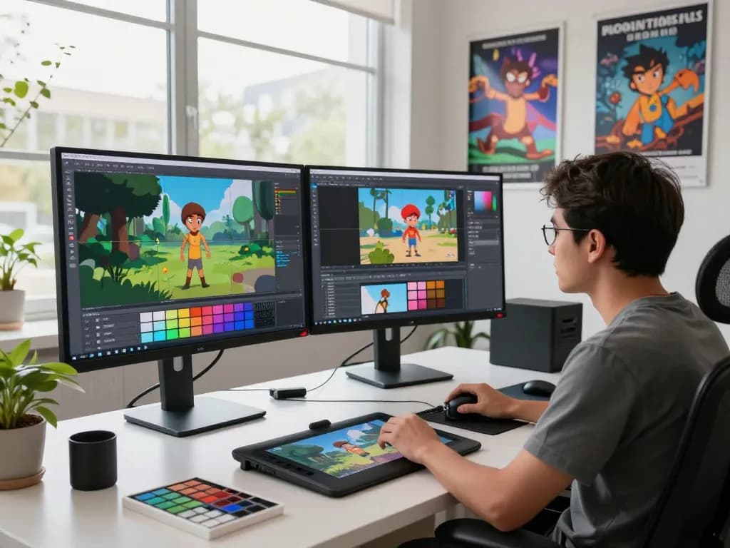 Kling 2.6 motion control software in action at a modern animation studio, showcasing animated character sequences and creative tools.