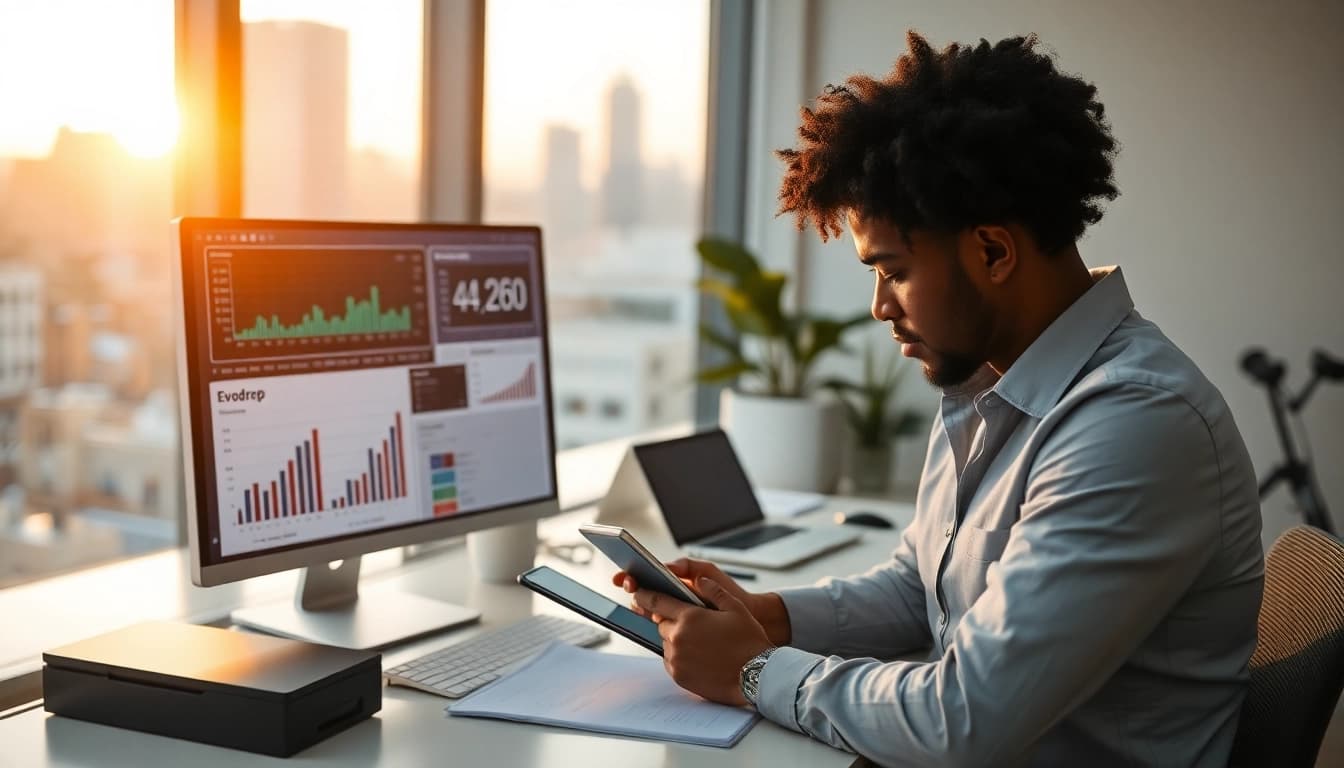 Evodrop Beobachter analysiert Daten in modernem Arbeitsumfeld.