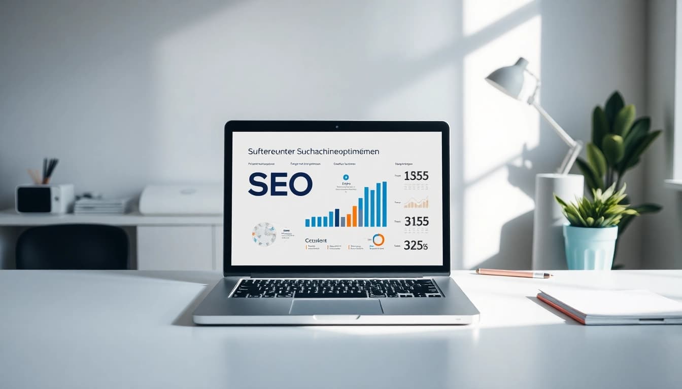 Detailreiche Darstellung einer modernen Arbeitsumgebung mit SEO.my auf dem Laptop, die Suchmaschinenanalysen zeigt.