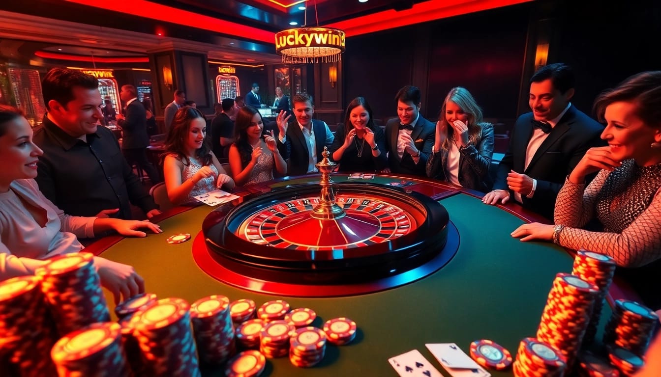 Experience the excitement of the luckywin casino scene with players engaging at a roulette table.
