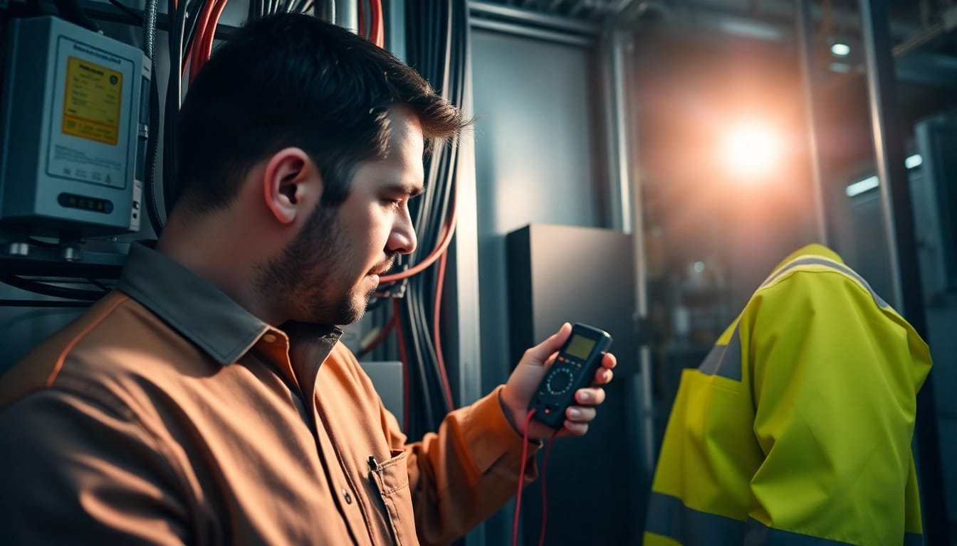 Technician performing a DGUV V3 Prüfung on electrical equipment using a multimeter in a safe industrial setting.