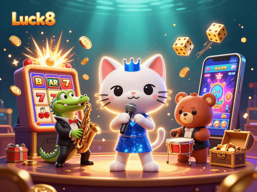 Experience excitement with Luck8 in a vibrant 3D casino scene featuring dynamic characters and game imagery.