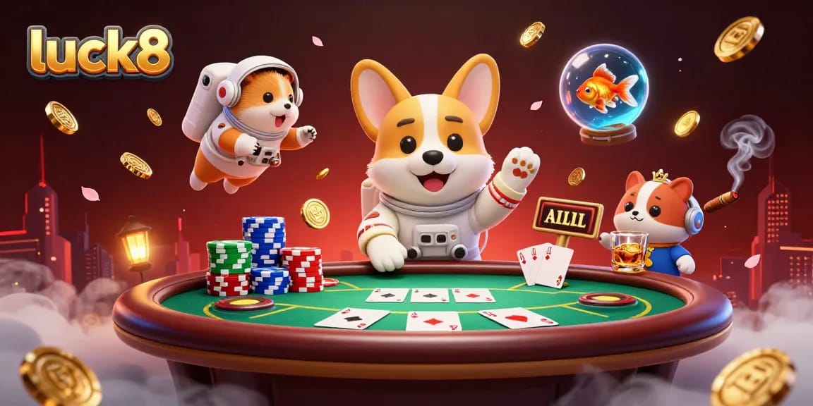 Engage with luck8's exciting 3D casino scene featuring a floating astronaut corgi and poker elements.