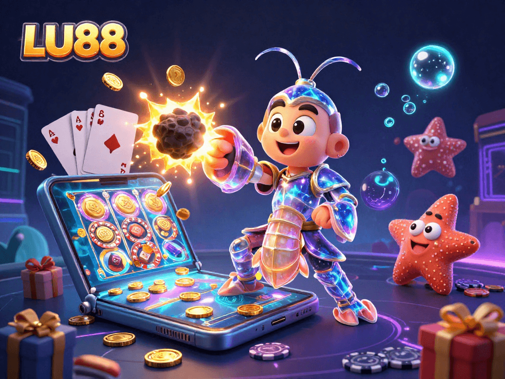Engage with LU88's thrilling gambling world through dynamic gaming elements and vibrant 3D illustration.