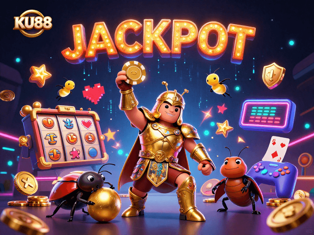 KU88 showcases a victorious beetle in gladiator armor lifting a poker chip amidst casino-themed visuals.