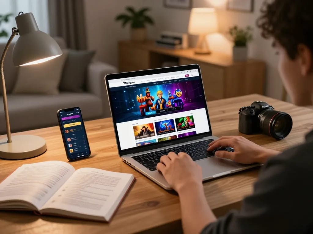 Engaging with 79King com online casino on a laptop at home, showcasing a responsible gaming environment