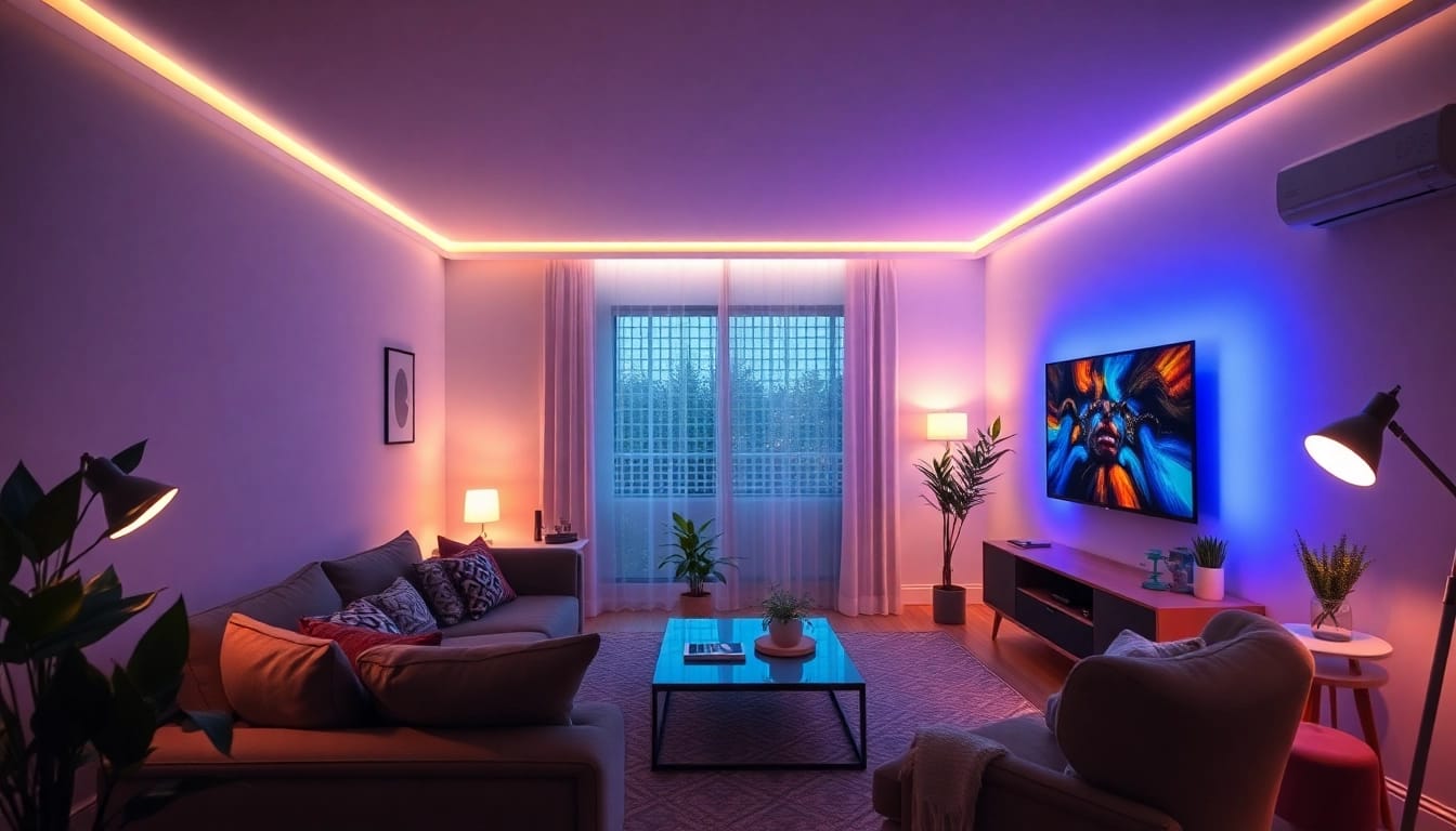 Philips Hue Tipps in einem modernen Wohnzimmer mit intelligenten Beleuchtungszonen für Komfort und Innovation.