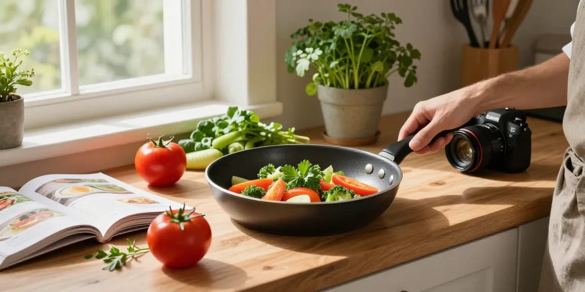 Koche mit einer ptfe freien Pfanne von GreenKitchen in einer hellen Küche.