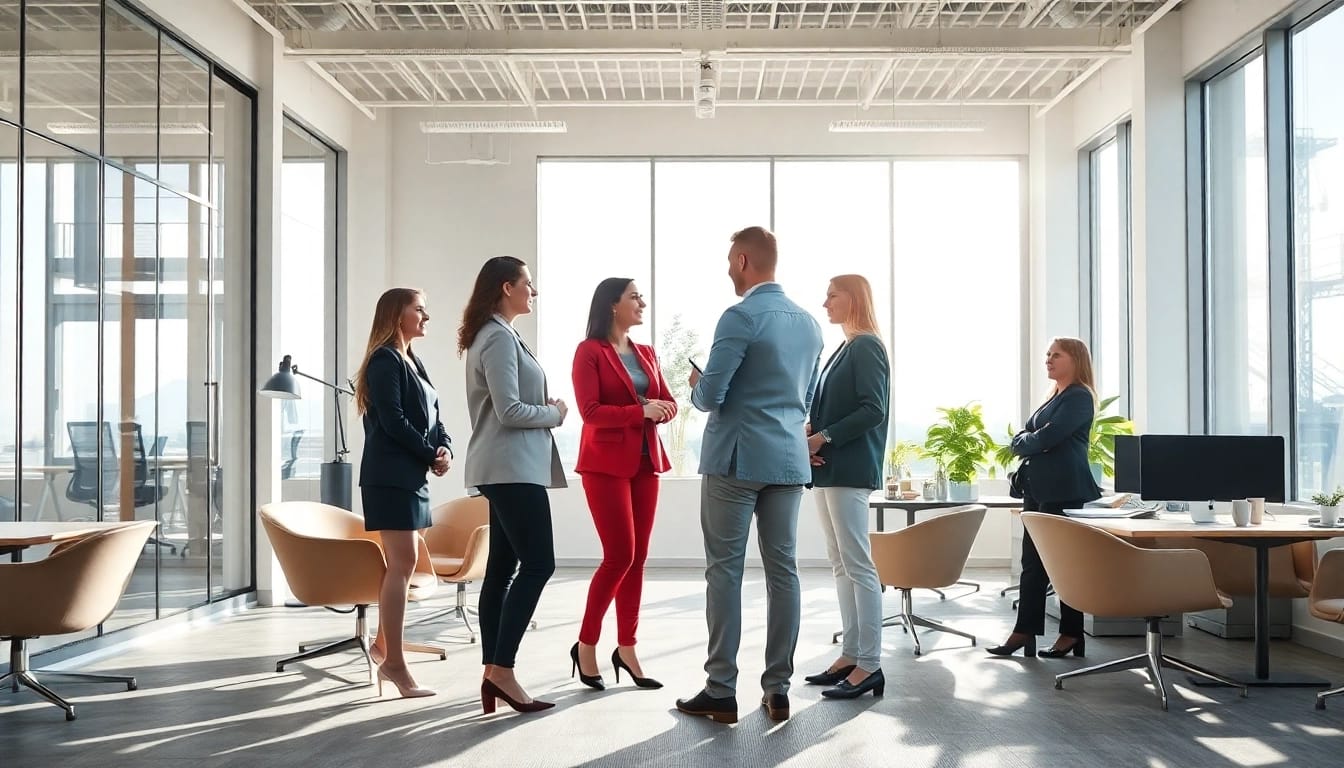 Professionelle Personalvermittlung in einer modernen Büroumgebung mit Fachkräften und Personalvermittlern im Austausch.