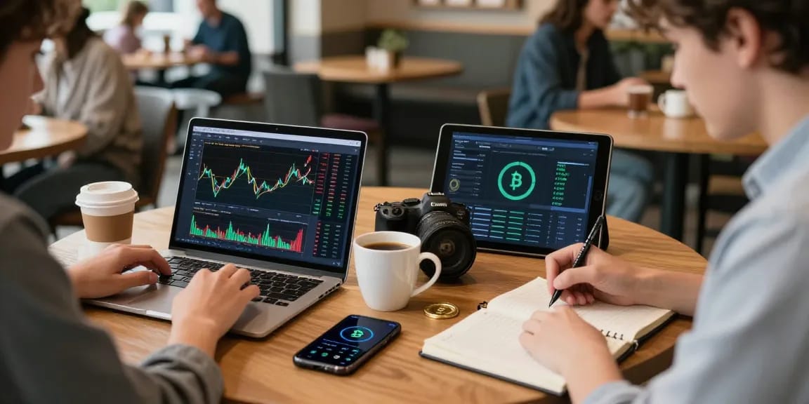 Hitpaw Edimakor zur Analyse von Bitcoin-Kursen in einem modernen Café, umgeben von Technologie und Kreativität.