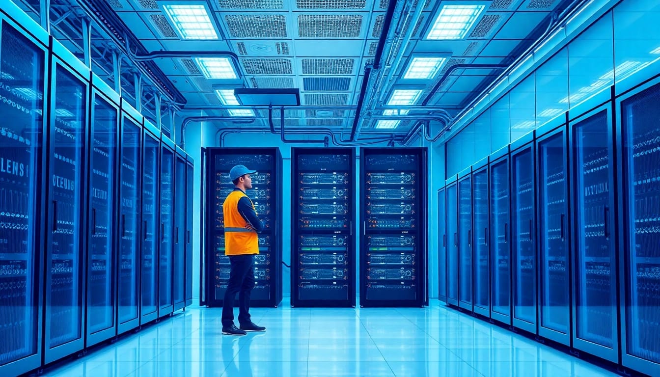 Überblick über das Server 2025 Standard für VM-Hosting in einem modernen Serverraum mit Hochleistungs-Maschinen.