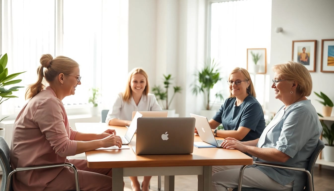 Headhunter Pflegekräfte in einer professionellen Büroszene beim Austausch von Ideen und Informationen.