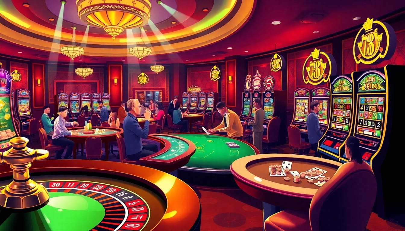 Players enjoying various games at 789f casino, with vibrant slot machines and elegant tables.
