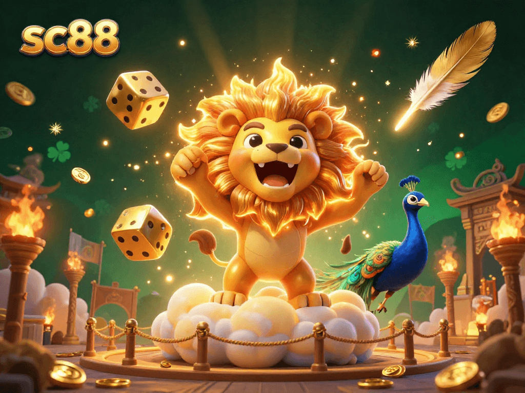 Win big with SC88 at a vibrant gaming scene featuring roaring golden lion and dynamic dice.