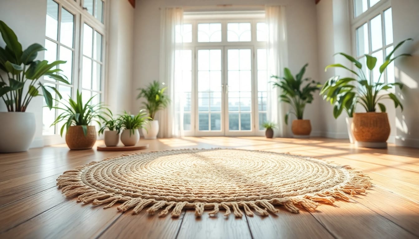 Nagermatte auf einem Holzfußboden mit natürlichem Licht und Pflanzen im Hintergrund.