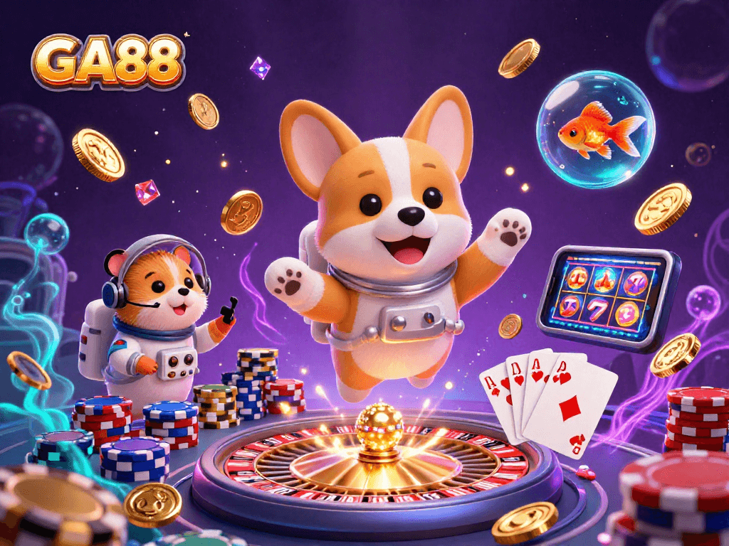 Experience GA88's vibrant digital casino with floating characters and rich gaming elements.