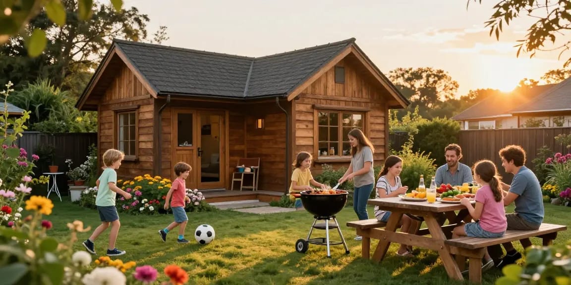 Familie genießt den Abend im Gartenhaus, während sie ein Gartenhaus kaufen.