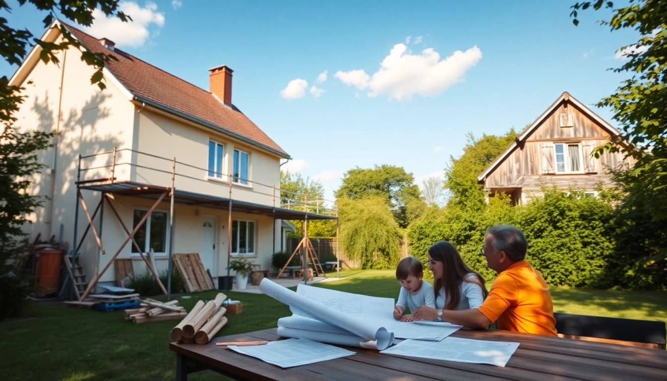 Visualize a family engaged in planning their Hausrenovierung, with a renovated house backdrop illustrating the contrast between old and new.