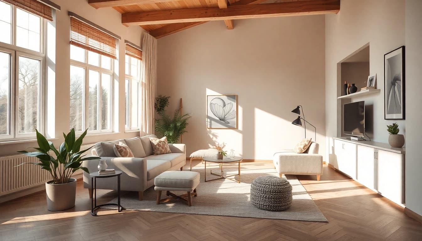 Moderne Raumgestaltung zeigt eine stilvolle, einladende Sitzecke mit harmonischen Erdtönen.