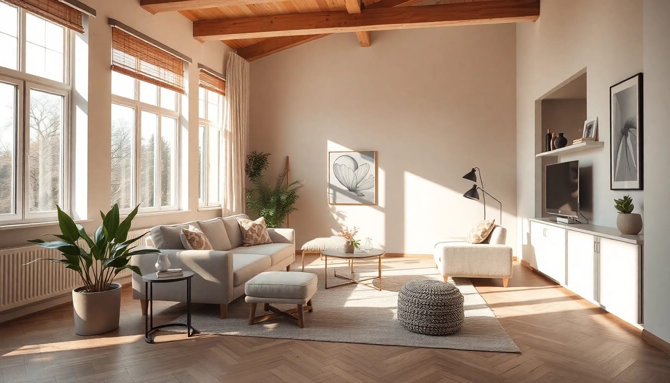 Moderne Raumgestaltung zeigt eine stilvolle, einladende Sitzecke mit harmonischen Erdtönen.