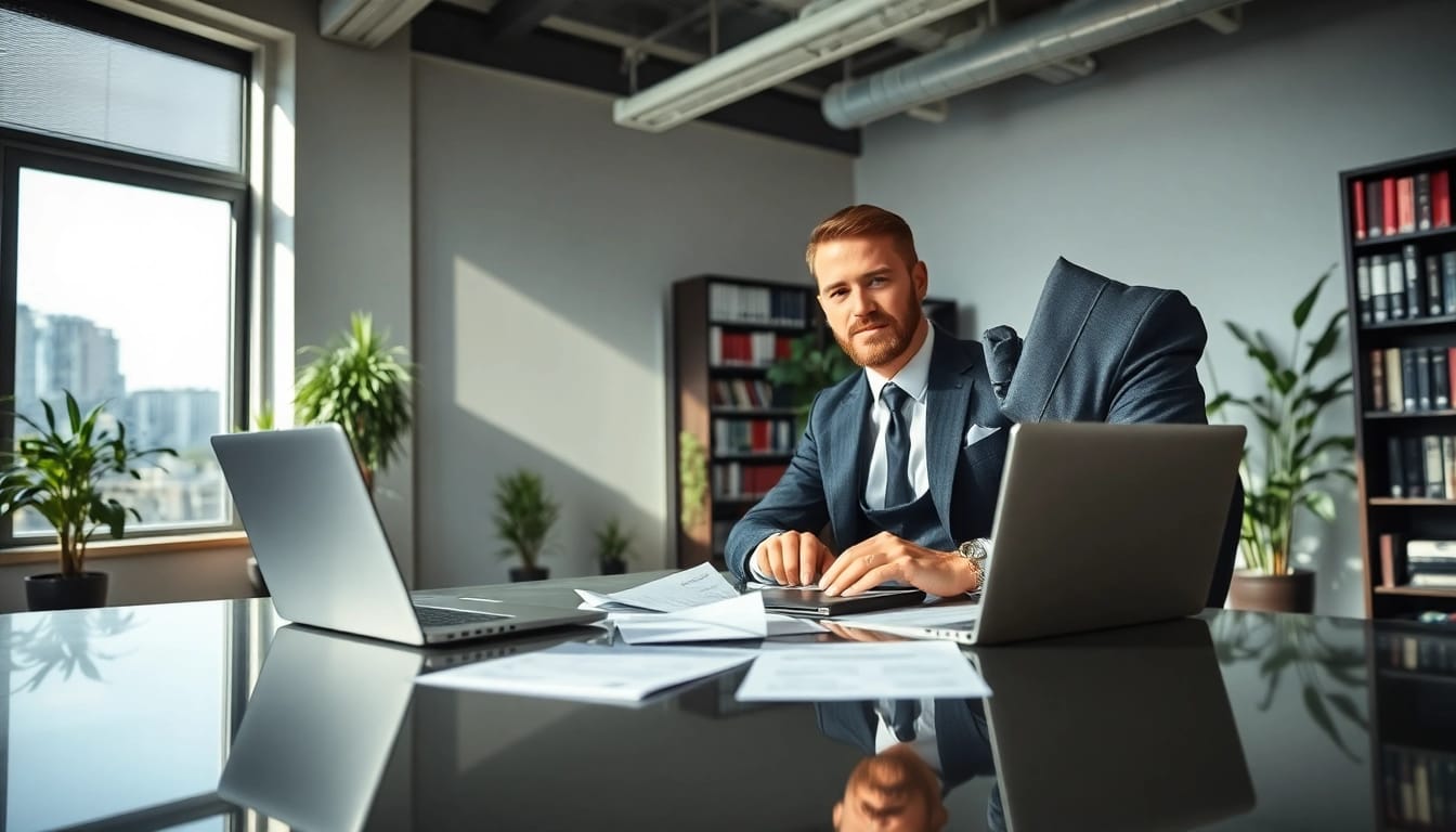 Headhunter im modernen Büro, der professionell arbeitet und Bewerbungsunterlagen überprüft.