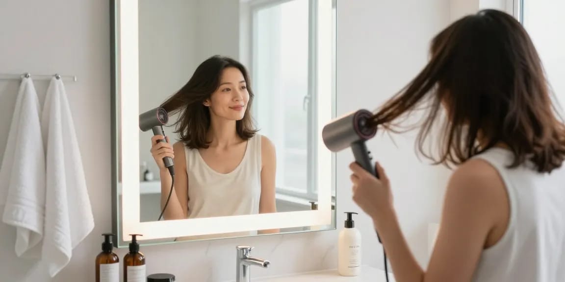 Woman using a mini blow dryer in a modern bathroom to style her hair.