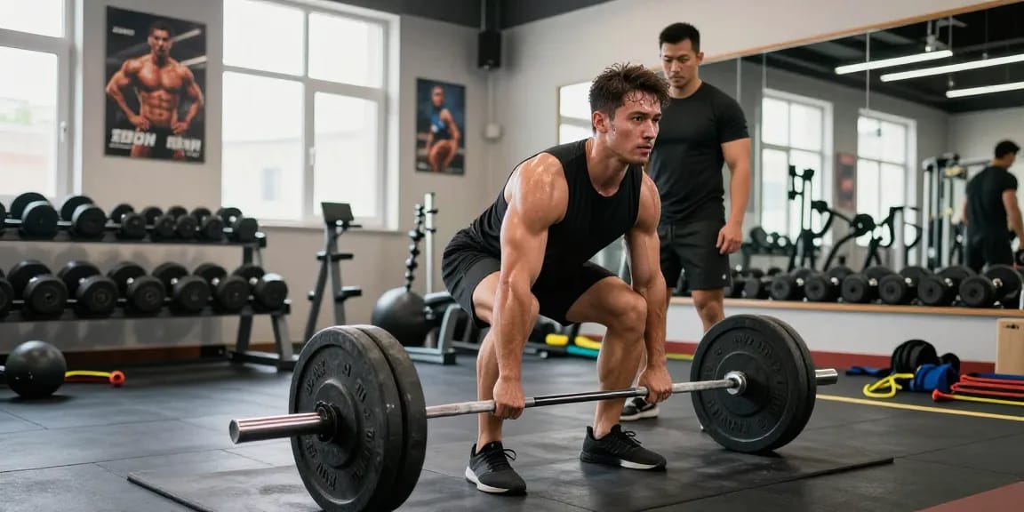 Bodybuilder lifting weights in a vibrant gym, showcasing fitness dedication at Anabolika Shop