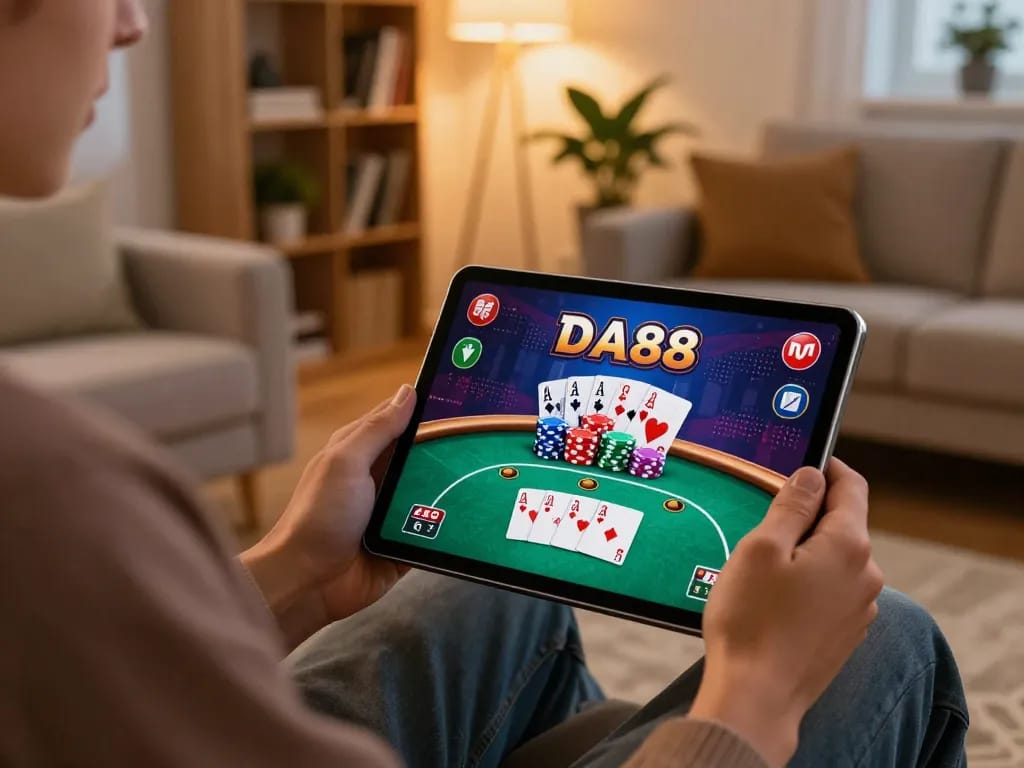 Engage in DA88 online casino poker game within a cozy, modern living room.