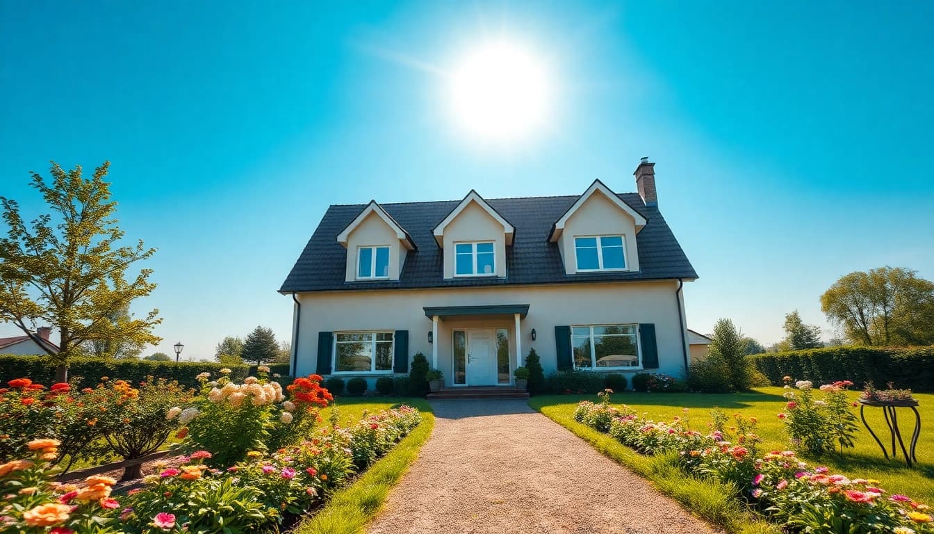 Visualisieren Sie den Hauskauf mit einem einladenden Einfamilienhaus, umgeben von einem blühenden Garten und klarem Himmel.