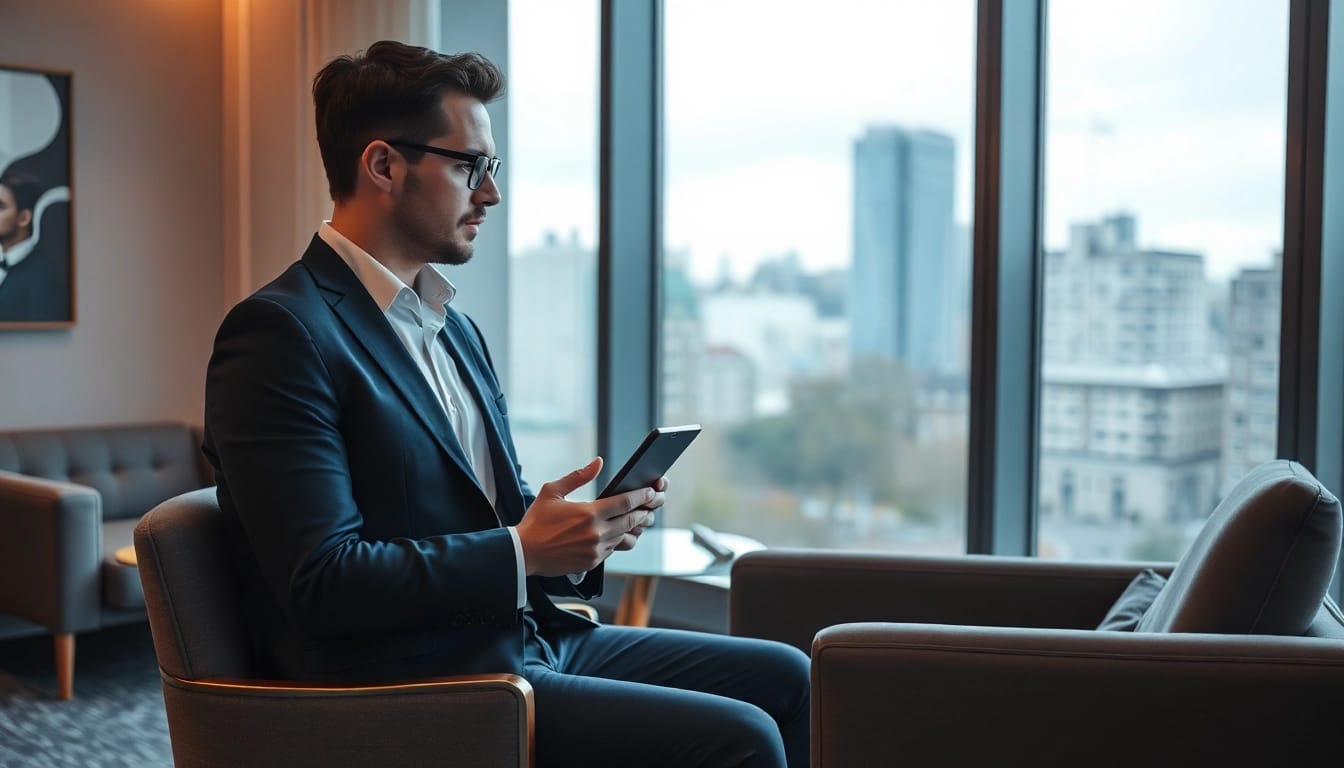 Professioneller Headhunter Krefeld, der in einem eleganten Büro arbeitet und auf ein Tablet schaut.