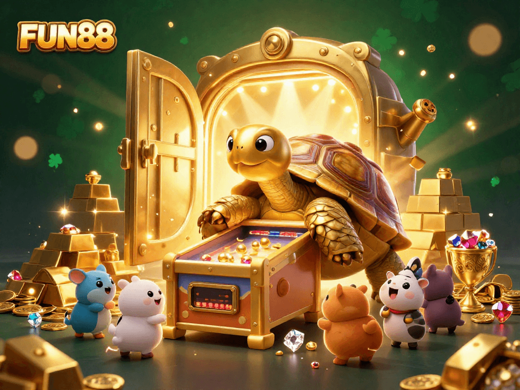 Play exciting games at FUN88 with a vibrant scene of a golden tortoise and treasure.