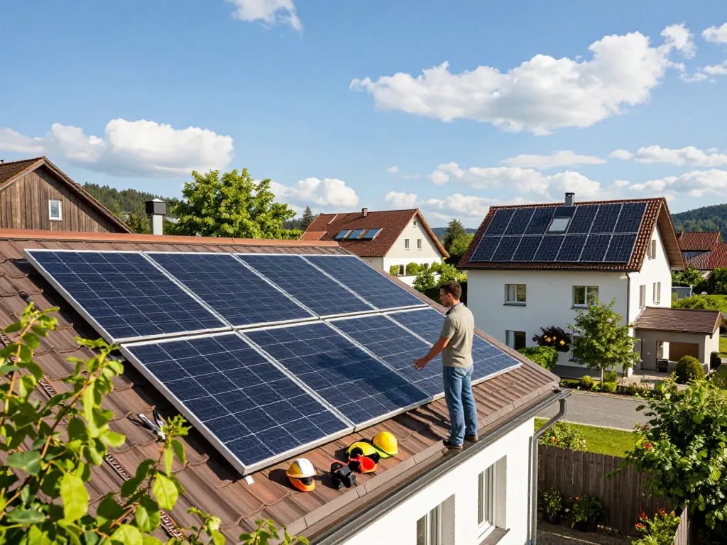 Photovoltaik Bayern - Hausbesitzer inspiziert Solarpanels auf einem bayerischen Dach und zeigt Engagement für erneuerbare Energien.