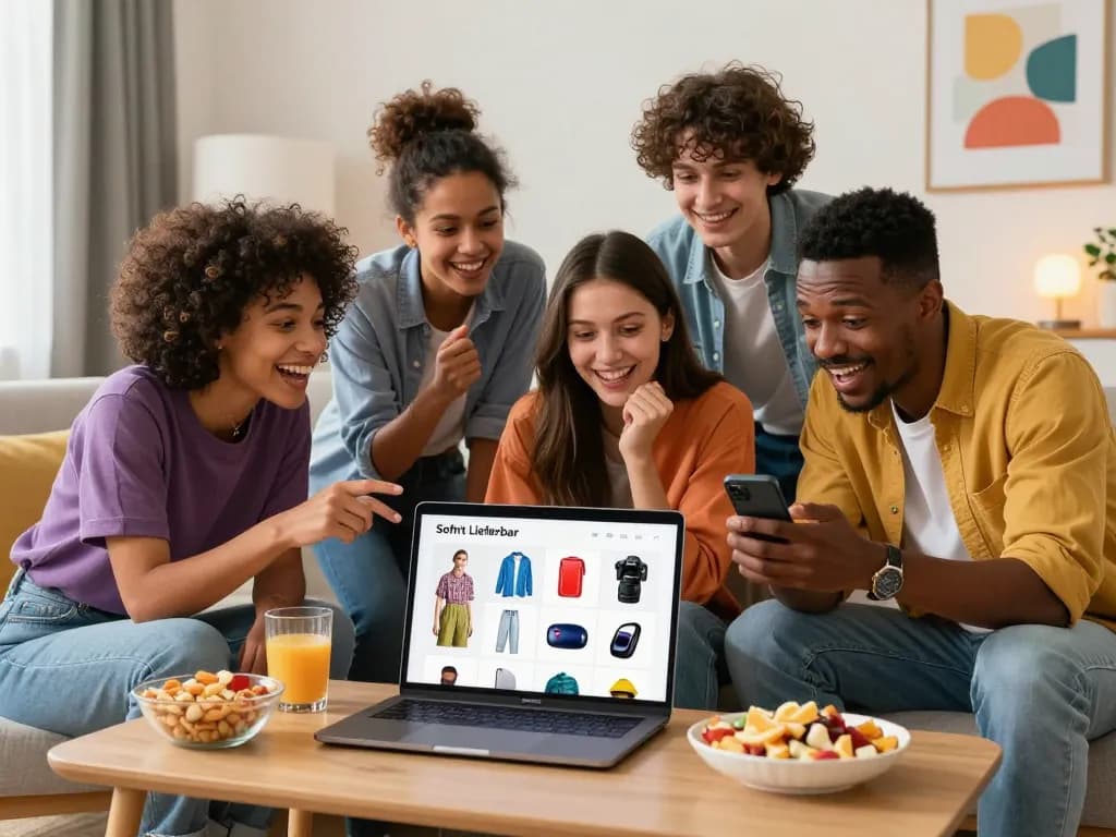 Vielfältige Freunde, die Sofort Lieferbar Produkte online erkunden und einen gemütlichen Einkaufsmoment genießen.