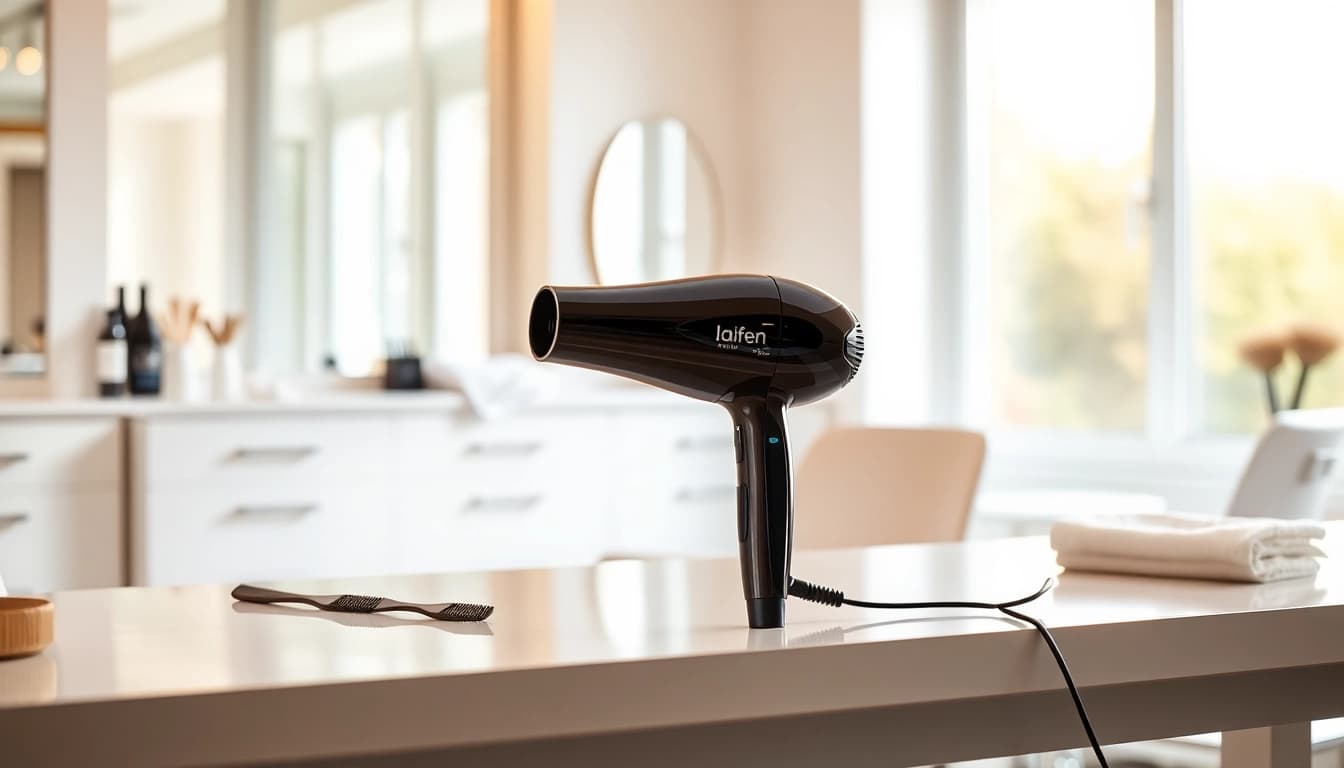 Laifen swift Haartrockner elegant auf einem Frisiertisch in einem modernen Salon.
