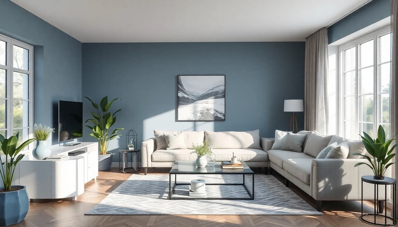 Moderne Raumgestaltung mit minimalistischem Wohnzimmer und Pflanzen.