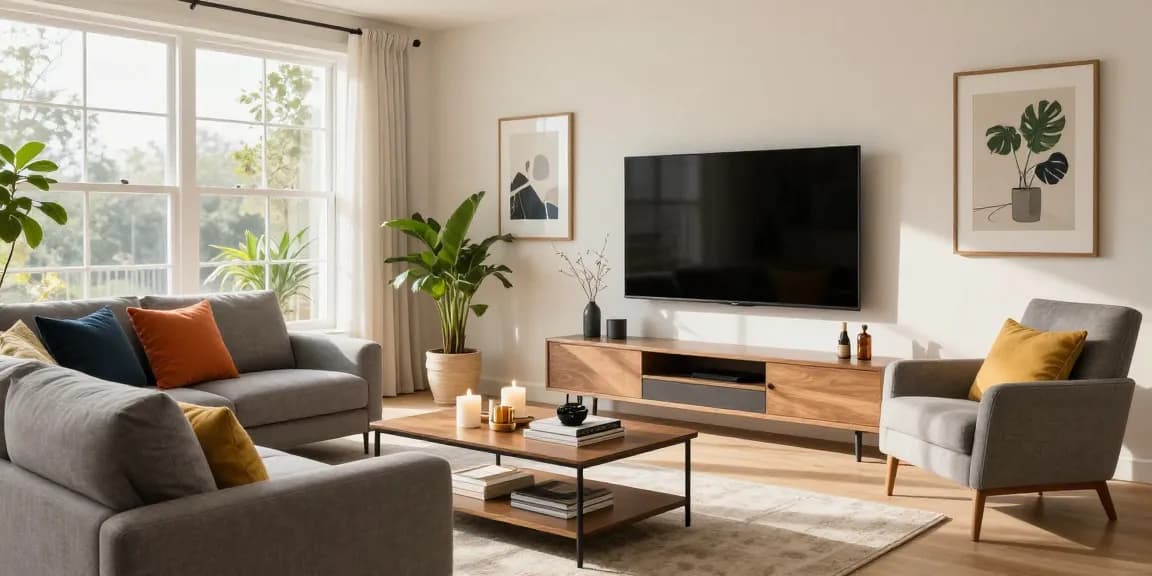 Stylisches Wohnzimmer mit modernem grauen Sofa und erschwinglichen Möbeloptionen, die günstige möbel online präsentieren.