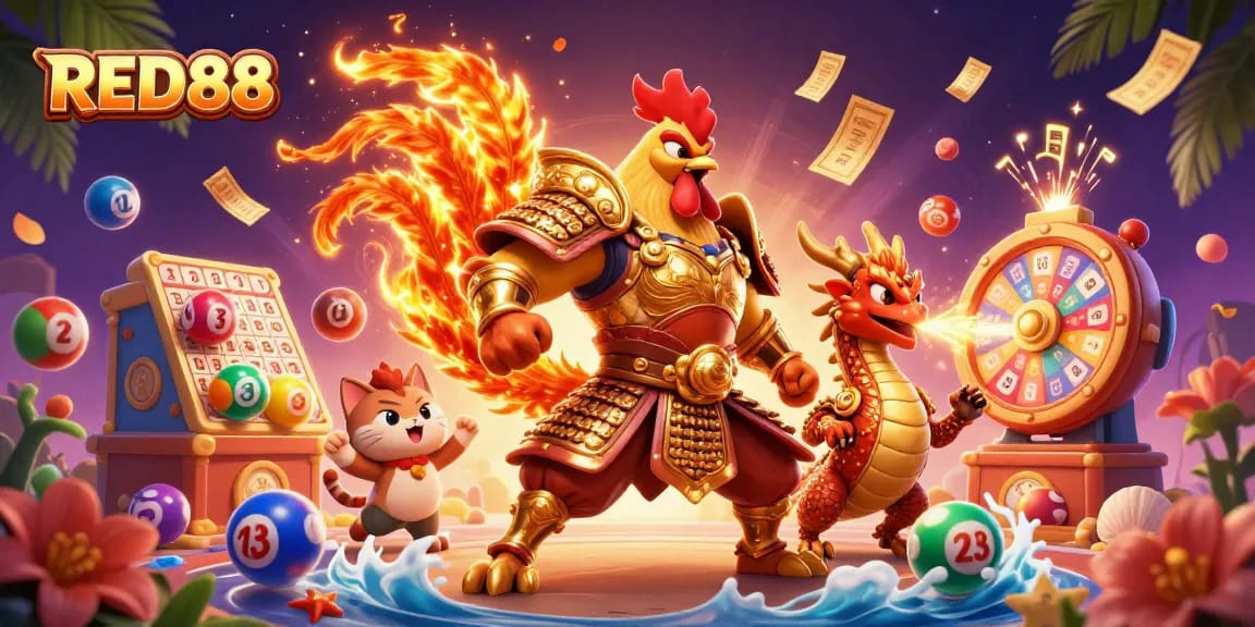 Experience exciting gameplay with RED88, featuring a vibrant 3D illustration of characters enjoying dynamic gaming elements.