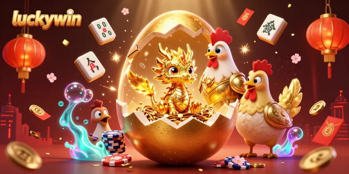 Experience the thrill of luckywin with a golden dragon and poker chips in an exciting 3D casino scene.