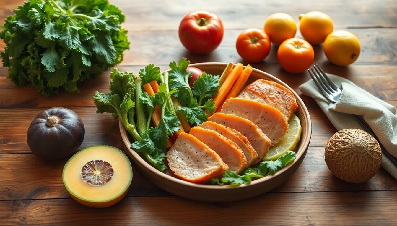 Gesunde Mahlzeit mit frischem Gemüse und Obst zur Unterstützung des Gewichtsverlusts präsentieren.