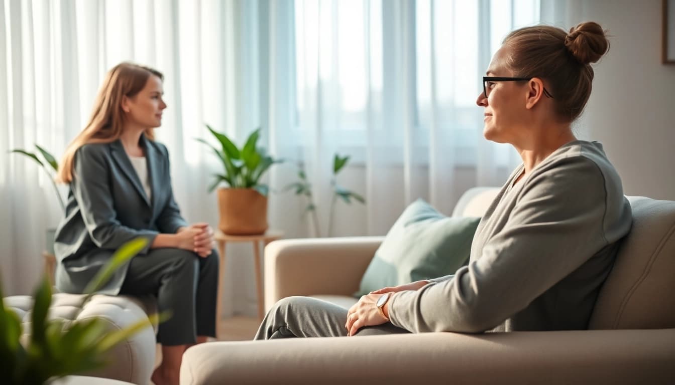 Enhancing emotional wellbeing through a supportive therapy session in a calming office.