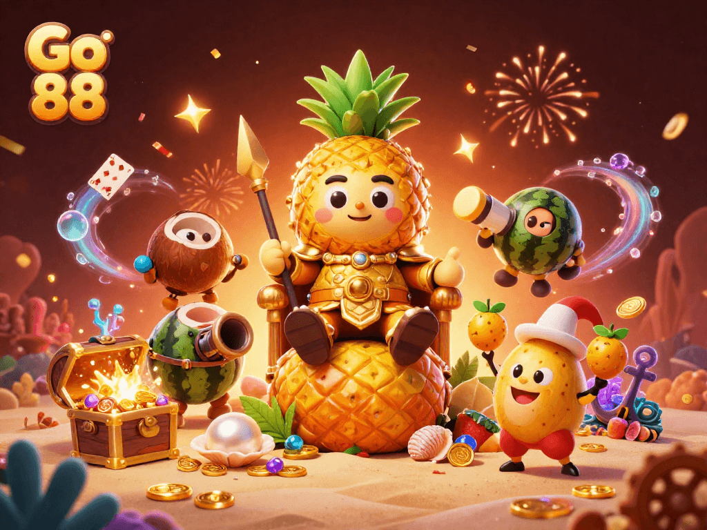 Experience the excitement of Go 88 with a colorful casino illustration showcasing vibrant characters and action-packed gaming elements.