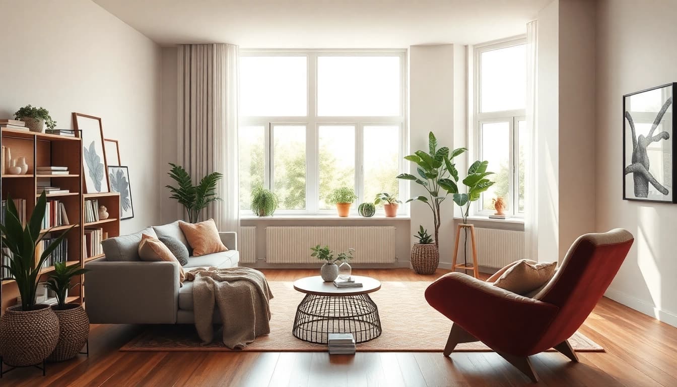 Modernes Wohnzimmer in stilvoller Raumgestaltung mit Erdtönen und viel Licht.