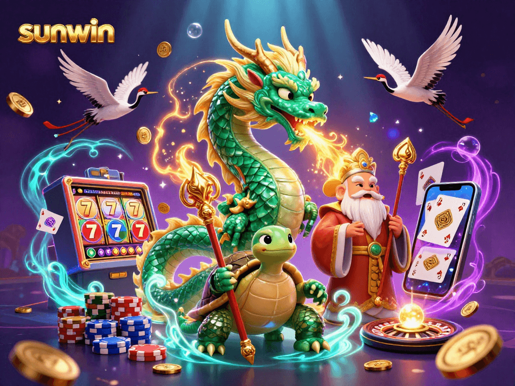 Experience the excitement of sunwin's casino world with dynamic slots, golden dragons, and vibrant gaming elements.