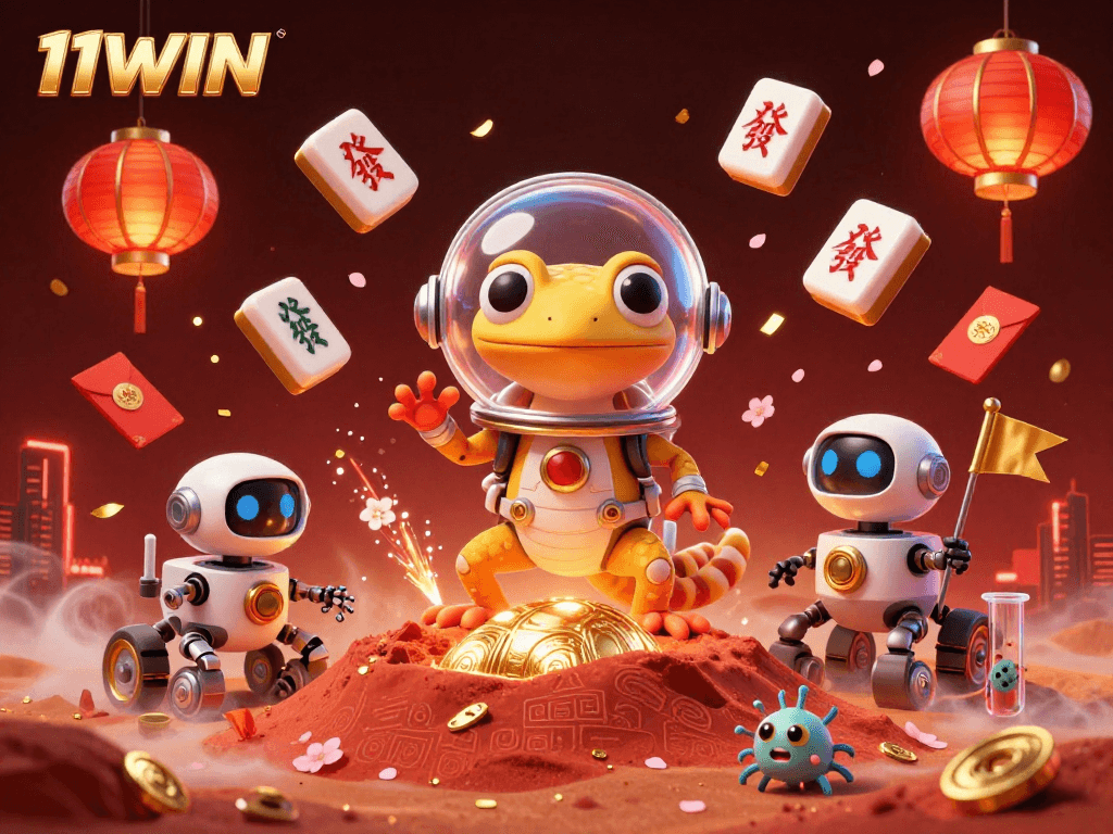 Experience the thrill of 11WIN with a Martian gecko uncovering a golden casino in space.