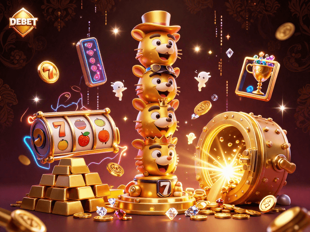 Immerse in DEBET's vibrant casino scene featuring golden totem and wealth elements.