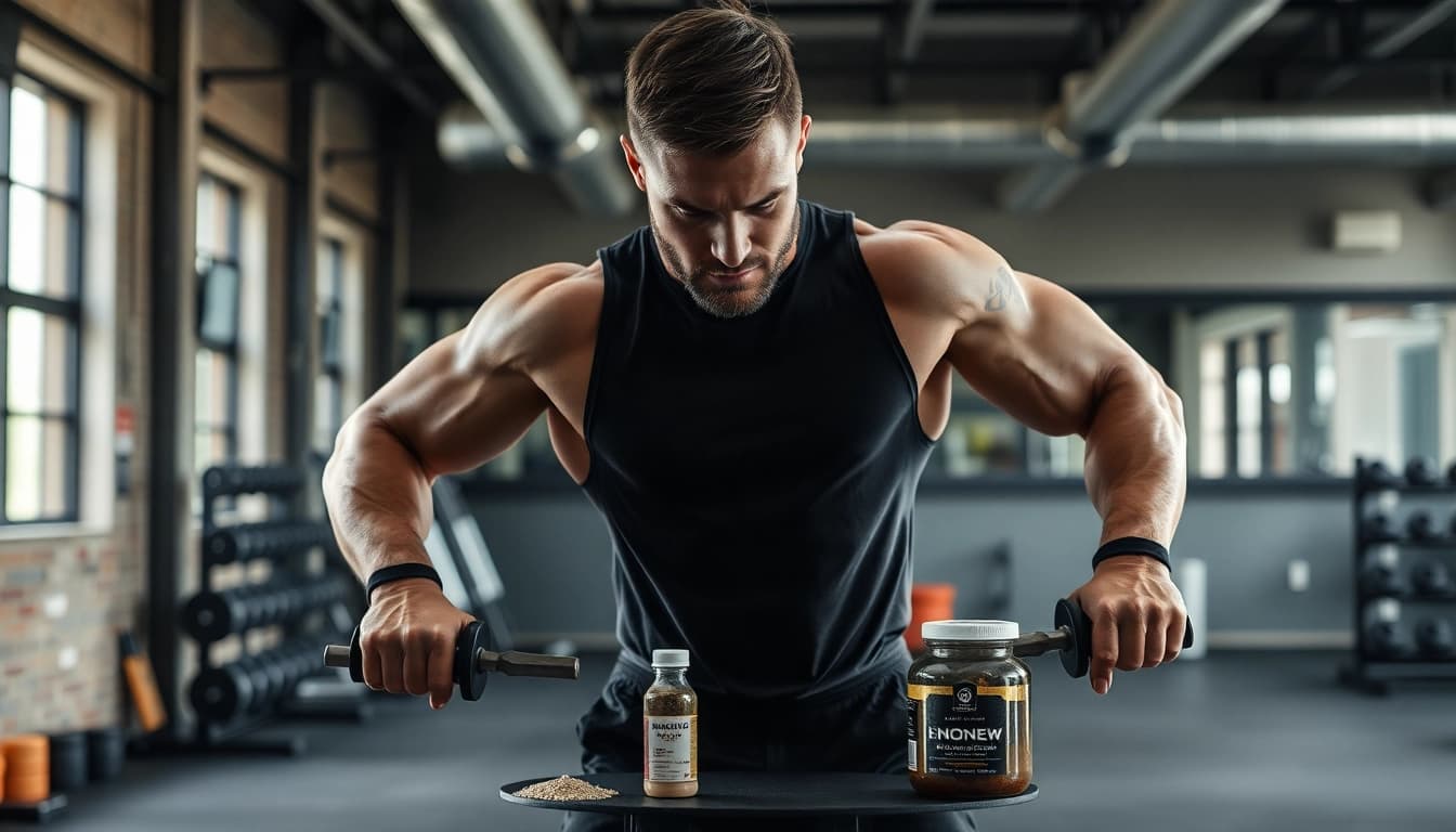 Ein muskulöser Bodybuilder mit Unique Pharma Steroids in einem Fitnessstudio
