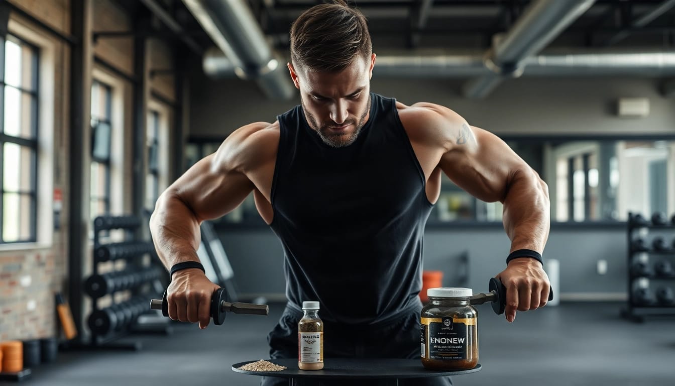 Ein muskulöser Bodybuilder mit Unique Pharma Steroids in einem Fitnessstudio