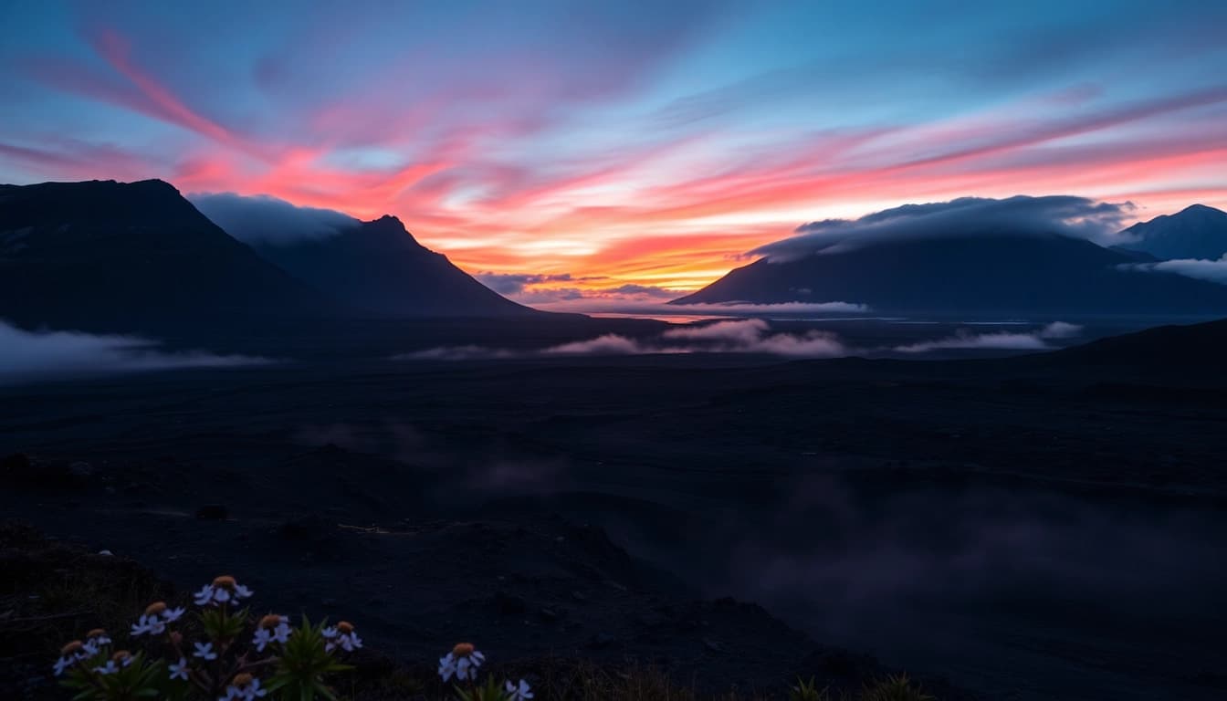 Erlebe die faszinierenden Vulkanlandschaften bei einer Reise nach Island in der Dämmerung – ein traumhaftes Zusammenspiel von Farben und Natur.